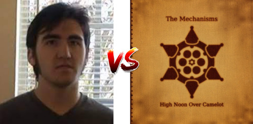 A photo of Tim Wright, versus the album cover for High Noon Over Camelot.