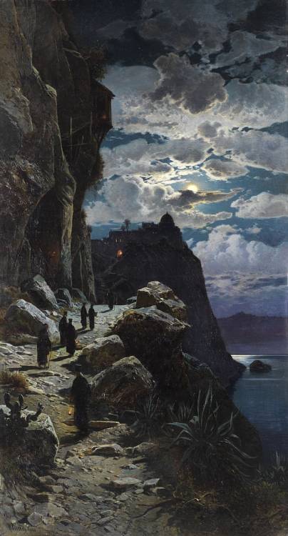 urgetocreate:Hermann Corrodi, Nightly Walk of the Monks to the Mountain Monastery Athos, 1888, Oil o