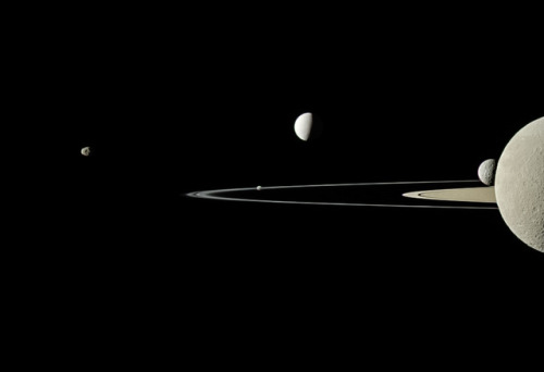 Saturn Rings and Moons: From left, the moons are Janus, Pandora, Enceladus, Mimas and Rhea. Followin