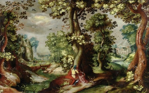 Gillis van Coninxloo (1544 - 1607)A couple courting beneath a tree, a landscape beyond; and an exten