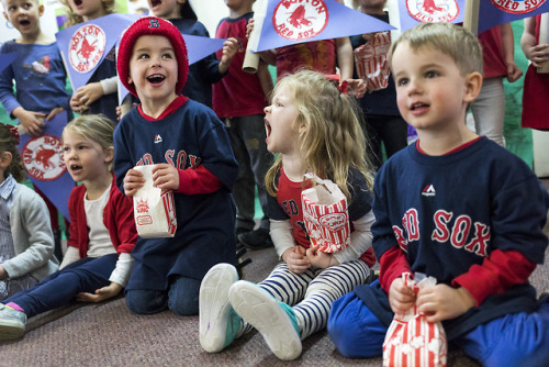 Mini Red Sox fans celebration Opening Day at Elmwood Christian Preschool on Apr. 5, 2018. 