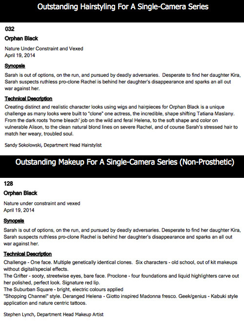 cloneinstitute:   Orphan Black has eight spots in the  2014 Primetime Emmys Nominating