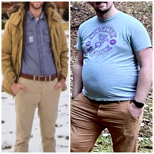 softandthic:Top: How it started (2015/16ish|150 lbs.)Bottom: How it’s going (2022|275 lbs.)Sitting up from lying down has become impossible without pushing myself up. My belt hides beneath my belly. I have to bend over to see anything south of my belly