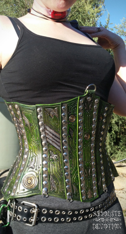 Cyber Corset by Absolute Devotion. Fully hand carved and hand dyed leather in circuit board inspired