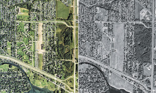 parastatic:Love Canal in 1980 (left) and 2002, after homes were razed.