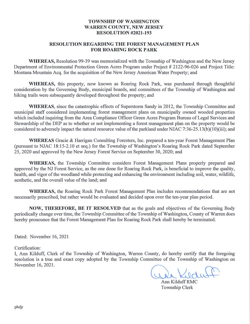 Washington Township Warren County NJ Resolution 21-193 that terminates Roaring Rock Park FMP