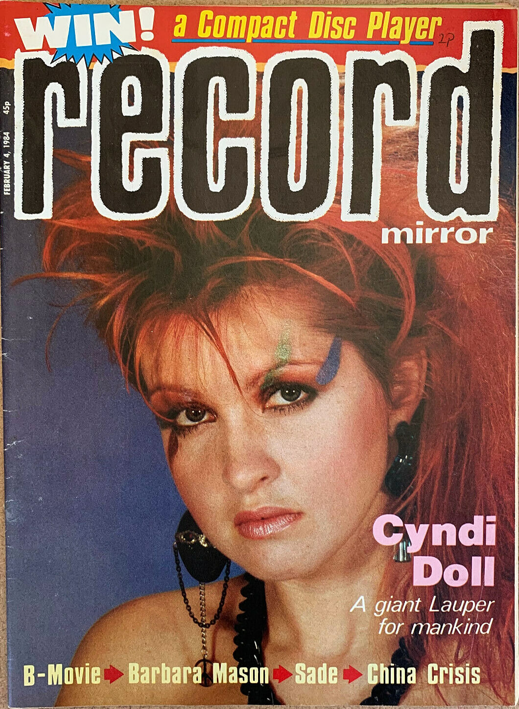 <p>Cyndi Lauper on the front cover of Record Mirror Feb 4, 1984</p>