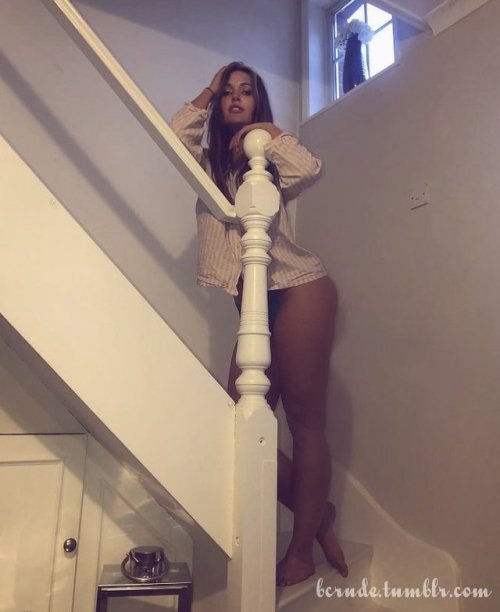 Becky paused on her way up the stairs to her bedroom, looked down at Mr. Crude and said, “We don’t have to go up to the bed, you know. You could do me right here on the stairs.”“That could be hard on your knees, though. How about you just sit