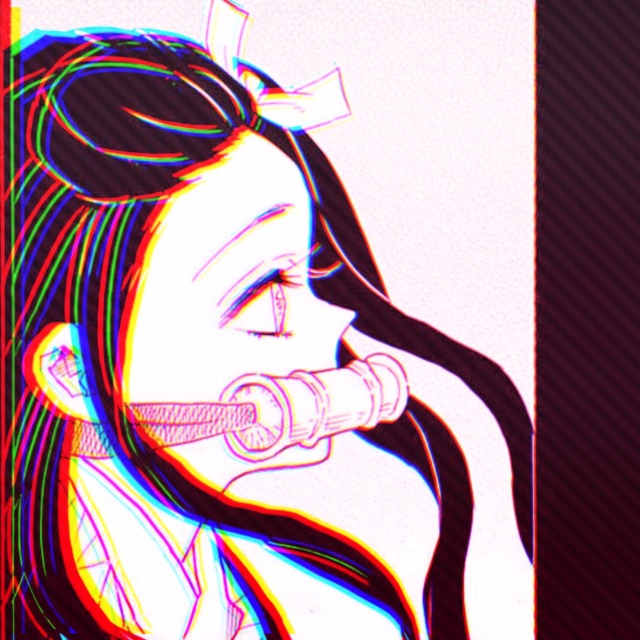 a manga icon of nezuko from demon slayer. it has a pink overlay. she looks to the right with her hair flowing in front of her. she has a calm expression.