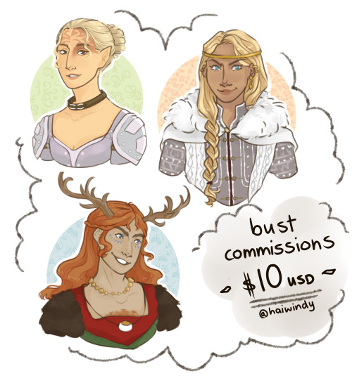 Hi all! I updated my commission options :) ☀️ $5 (usd) for a sketch bust || $10 (usd) for a coloured