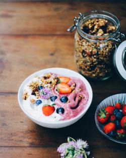 berriesflowersandsparkles:  Today’s blissful breakfast was plain + blueberry banana ice cream topped with more berries and granola 💞 I think I’m going to watch Cowspiracy as soon as I get home this evening. It’s been on my to watch list for the