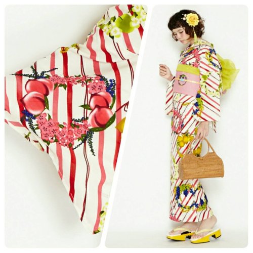 This fruits and flower over stripes kimono by Furifu reminds me of colorful fruity hard candies