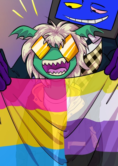 (Cropped) Kibitzer grinning in excitement as a TV head character holds up a combination non-binary/pansexual flag in front of them.