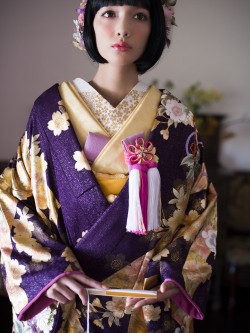 taishou-kun:  Tokiwa ときわ Bridal Core ブライダルコア - Tokushima 徳島 wedding kimono shop - Kimono model : 菜々緒紫地大熨斗目光琳鶴 - Japan - 2015Source : bctokiwa.jp