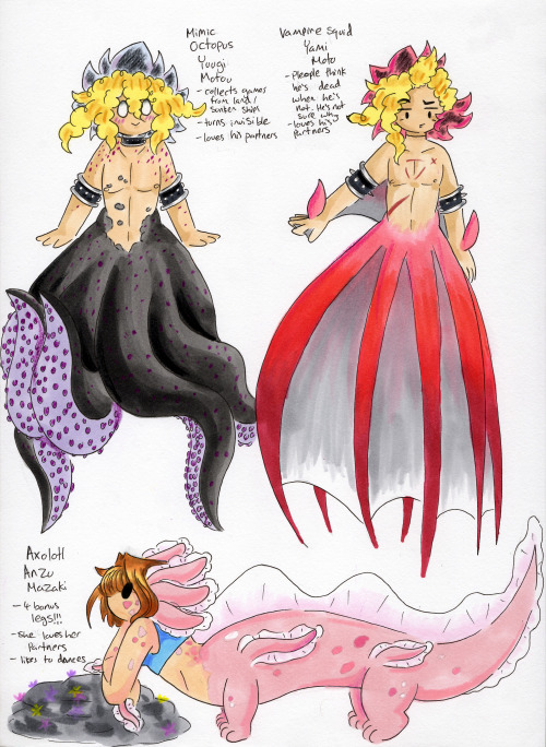 Hikari’s, Yami’s and Anzu’s Merfolk designs-The bottom combined image is a height comparison-Separat