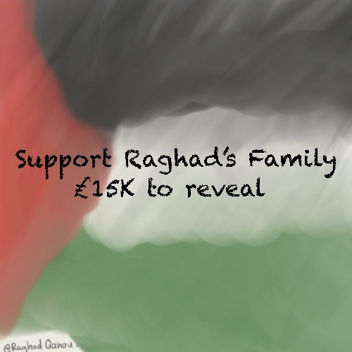 blurred image of raghad's artwork-- in the background is a blurred palestinian flag-- raghad's signature is seen on the bottom left corner
written across image: support raghad's family, £15K to reveal
