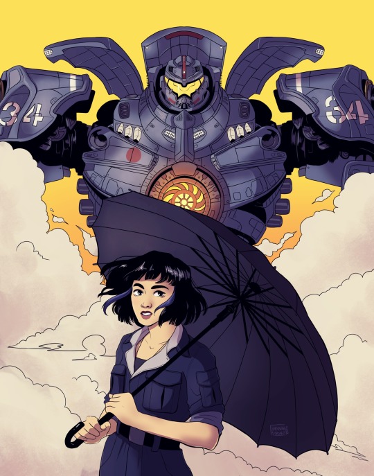 Fanart depicting Mako Mori from the movie Pacific Rim, standing in front of a kaiju.