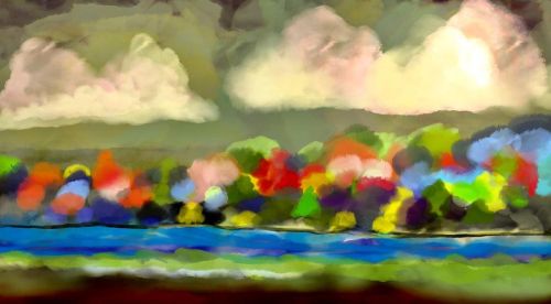 River Walk #trees #river #clouds #bluewater #landscapepainting #modernexpressionism #modernart #made