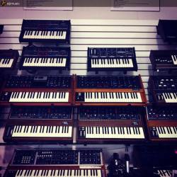 qtzmusic:  by @sijimusic “I almost died when i walked into @ThreeWaveMusic this afternoon. Rows of #Moogs of all kinds #FarfisaOrgans, the almighty #YamahaCS80, an #Arp2600… #Synthheaven” #Memorymoog #Minimoog #modeld #Voyager #Prodigy #Rogue #Satellite