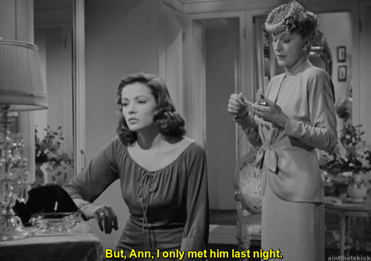 aintthatakick:  - Are you as interested in McPherson as he is in you?  Gene Tierney and Judith Ander
