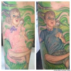 gaywrites:  Adorable story of the day: Lindsay Peace has tattoos of all three of her children, including Ace, above. Ace is a 15-year-old trans guy, and so Lindsay worked with her tattoo artist (who also happens to be her husband) to modify the tattoo