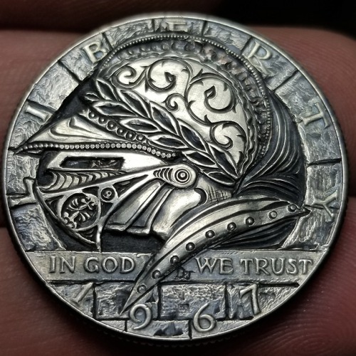 Hand engraved on a half dollar. #art #artist #money #medievil #prestonbelledesigns #hobonickel #hand