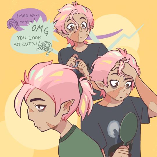 toomanymarkers:  You’ve heard of “Hunter dyes his hair red to match Flapjack” now get ready for “Hunter TRIES to dye his hair red but the sibling hair-dying ritual goes horribly wrong and now it is pink”