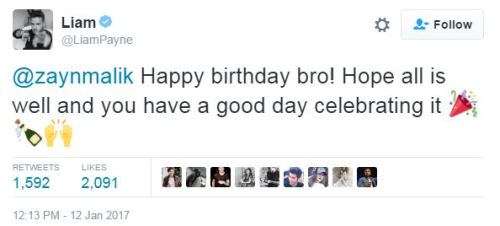 thedailypayne: Liam’s birthday wish to Zayn - 12/01