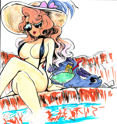 Peach Tea and her chickenhorse, Dark and Stormy are soaking up the sun 💖 They require luxury and pampering… Dark and Stormy especiallyI tried to match the palette of my other beach episode drawing with some more technicopics… they’re