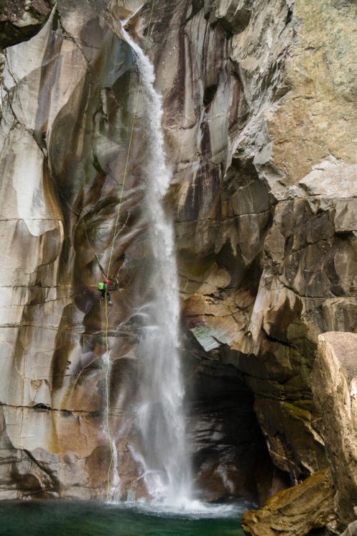 Canyoneering complete with some backflips into the water led us to this waterfall rappel in Lodrino 