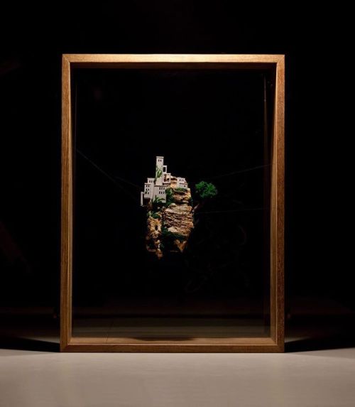 archatlas:  Miniature Houses on Cork Cliffs Float Inside Handmade Wooden Frames by Rosa de Jong  Designer Rosa de Jong produces micro homes that are built into the side of tiny cliffs constructed out of cork. Her miniature environments are covered in