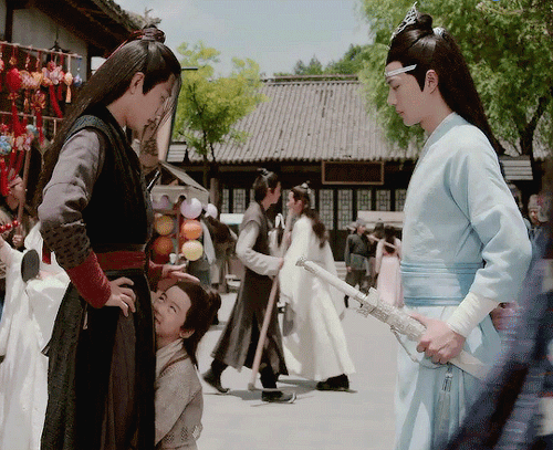 Ep.28 & 50: Wwx’s Hand On A-yuan’s Head As His Son Happily Hugs His Leg.