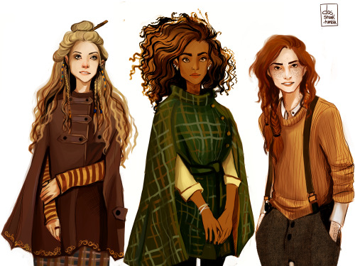 the-kellephant: dasstark: Witch gang [description: fanart of Luna Lovegood, Hermione Granger, and Gi