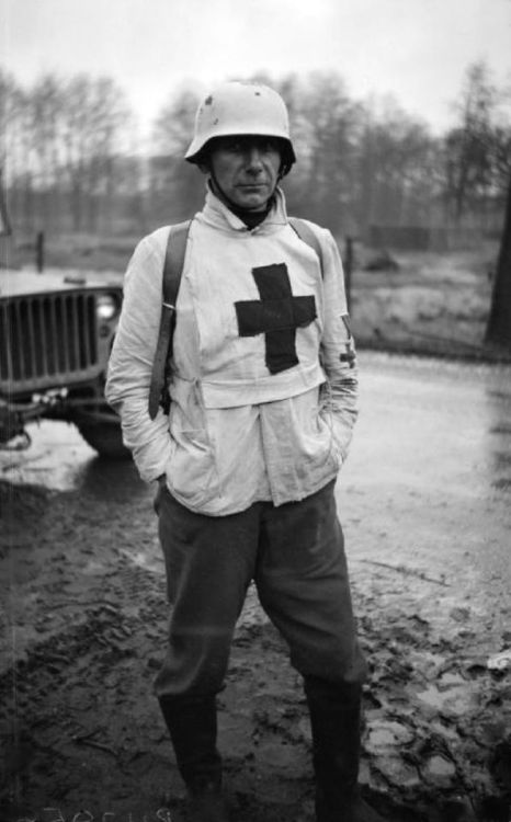 Portrait of a German medical orderly captured by British troops. Ochtrup, North Rhine-Westphalia, Ge