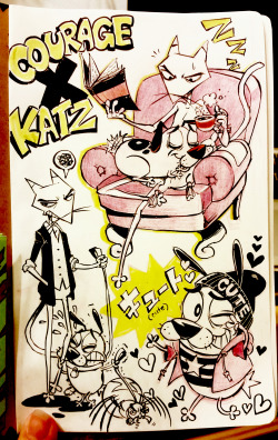 c2ndy2c1d:  The free sketch ink commission of Courage and Katz for Zudzuyak! thanks for buying the BadBad sketchbook! i still can’t believe it sold for ๰! i’m so flattered thank you! &lt;3 &lt;3 &lt;3 and i hope you like the drawing! 