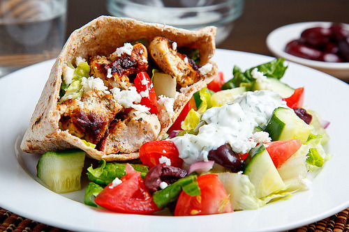 Chicken Souvlaki SaladA chicken souvlaki salad packed with Mediterranean flavors and a tzatziki dres