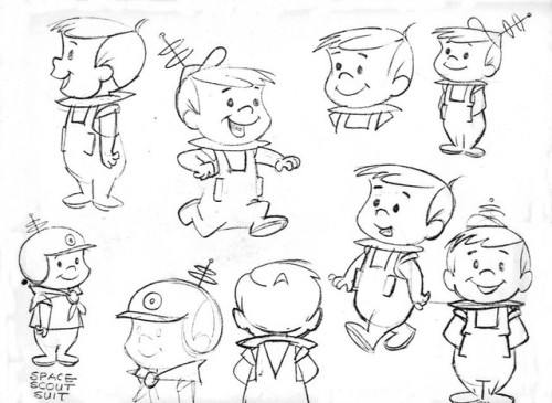 Model sheets for Hanna-Barbera’s 1962 cartoon, The Jetsons: George, his boy Elroy, daughter Ju