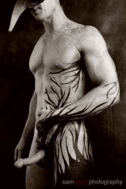 colorfulmen:  Twigs &amp; Branch (photography)  - Nude body painting on male body.  That was an accident.  someone got a little too excited.  :-)