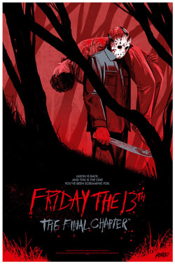 brokehorrorfan:Mondo will release a Friday the 13th: The Final Chapter screen print by Jonathan Bartlett tomorrow, October 11, at a random time. It measures 24x36, is limited to 250, and costs โ.