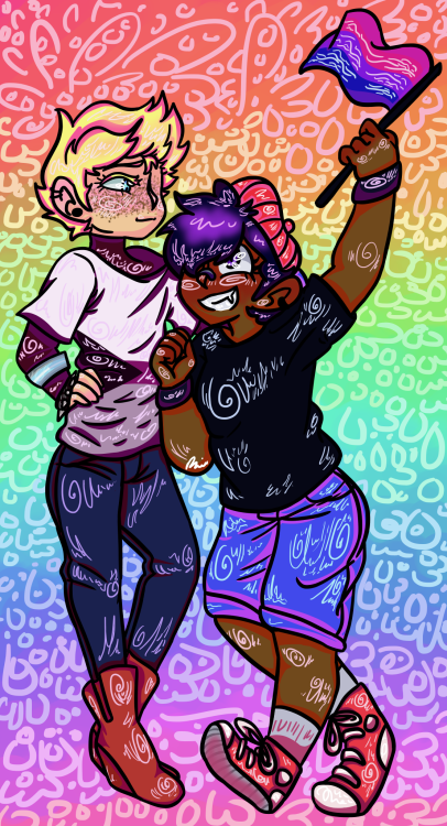 im finally done dear godLucas’ bracelet is the demiboy flag, shirt is demisexual. Ness’ flag is bi