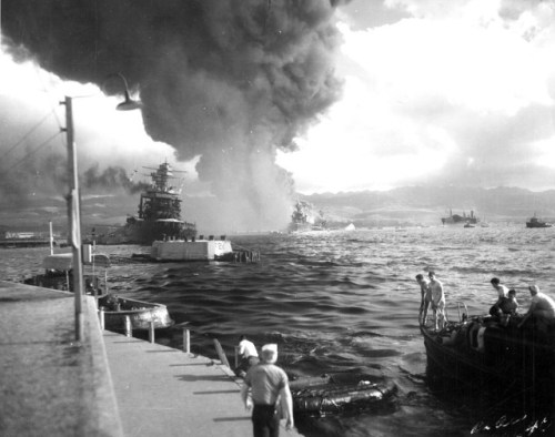 m4a1-shermayne:A view down Pearl Harbor’s Battleship Row about an hour after the Japanese air attack