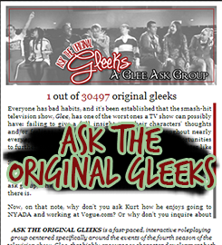 A warblerph Glee Role Play Recommendation; take one.  ASK THE ORIGINAL GLEEKS is a glee ask rp (obvi