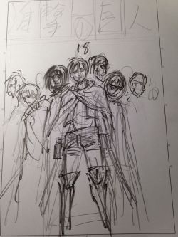 fuku-shuu:  Isayama Hajime shares a preview sketch original draft of the cover of Shingeki no Kyojin manga volume 18, featuring Eren, Mikasa, Armin, Levi, and more! ETA: @suniuz has corrected that this is actually the original draft of the cover Isayama