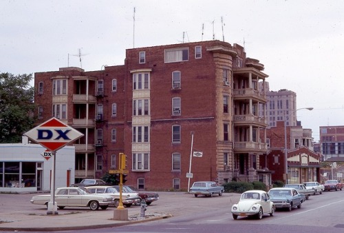 Streetscape With DX Gas Station, Cars, and Apartment Building, Springfield, Illinois, 1969.