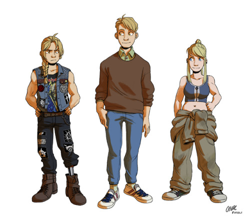 zivazivc:Just the Elrics and Winry in modern clothes. If anyone thinks Ed wouldn’t dress like that t