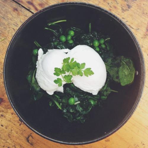 Poached Eggs with Frozen Peas, Spinach and kale 1 Tbs coconut oil &frac12; Cup frozen peas 