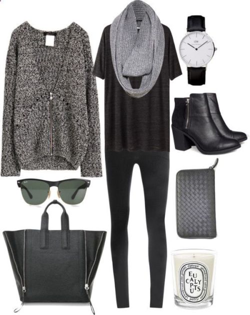 Grey sweater, black shirt, light grey scarf, black skinnies, sunnies, black tote, black watch, black
