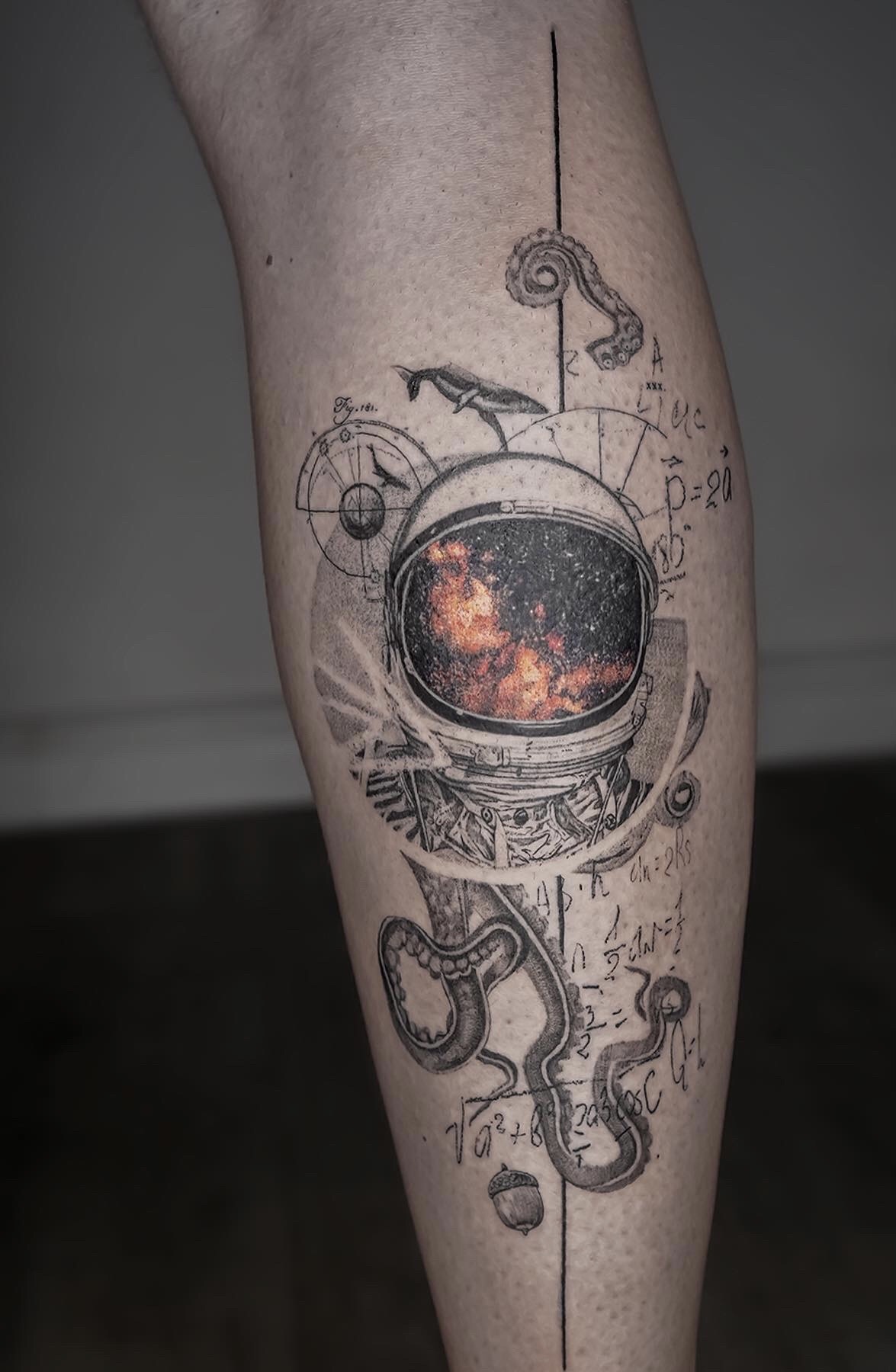 Koit Tattoo — Astronaut, octopus, whales and acorn tattoo. Done...