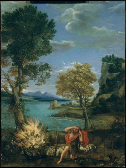 Paisaje con Moisés y la zarza ardiendo por Domenichino, 1610-16.