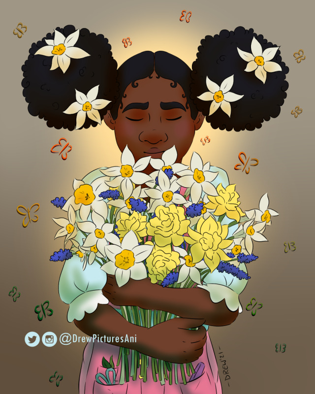 Digital illustration of a black woman holding a bunch of flowers in her arms. The bouquet includes daffodils and lavender. She also has daffodils in her hair, which is styled into two afro puffballs.